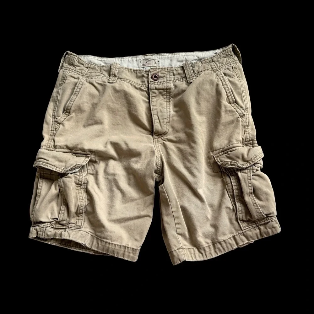 Y2K Hollister Tan Khaki Cargo Shorts Sz 34 Cotton Utility Multi Pocket 3H0538